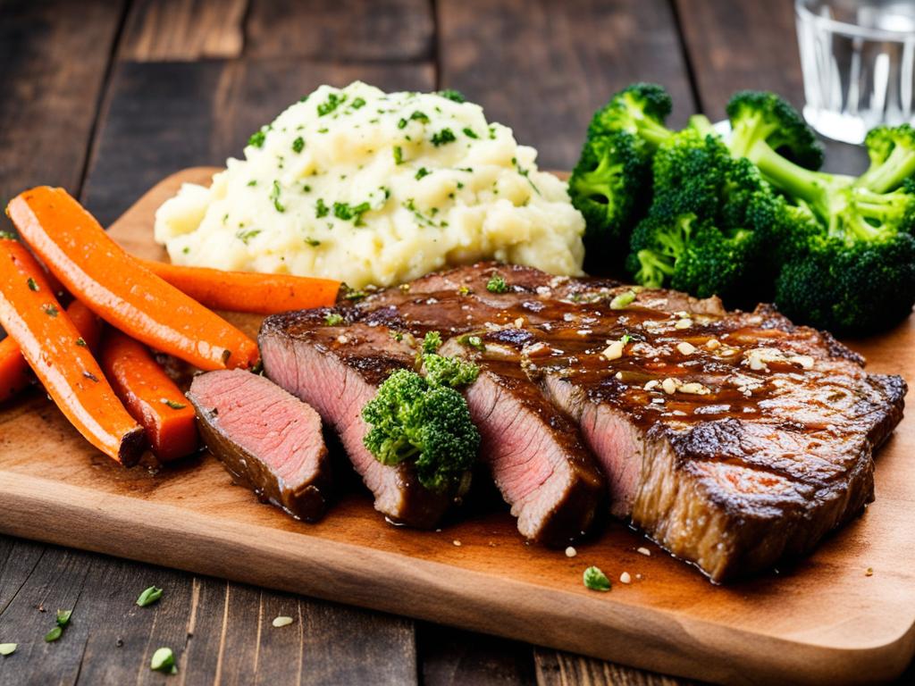 Grilled New York strip steak with mashed potatoes and vegetable as sides.