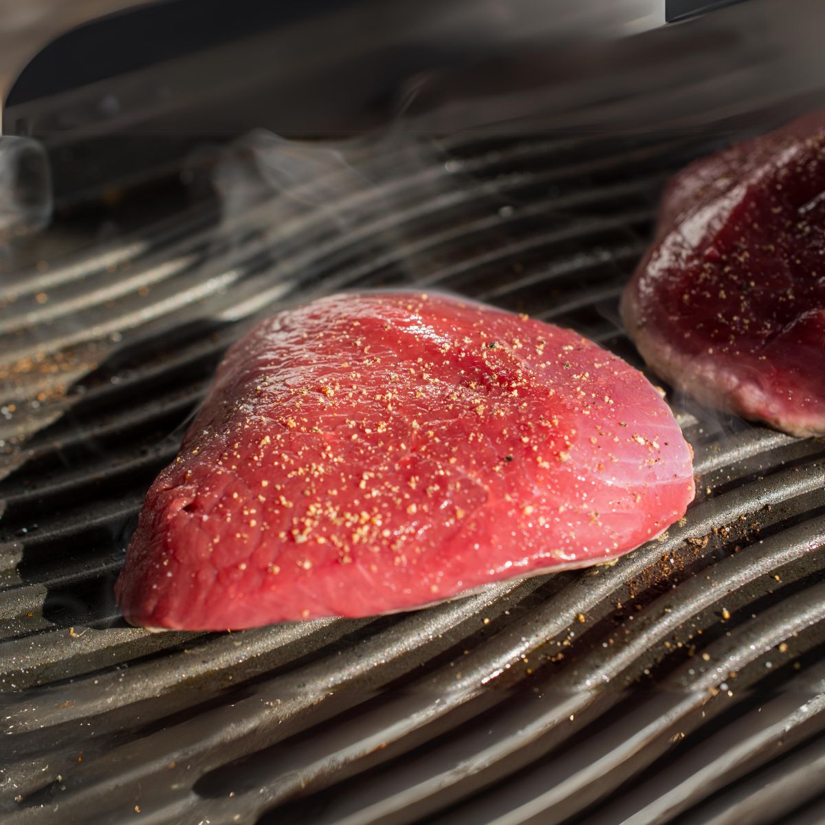 A seasoned Venison meat on a grill