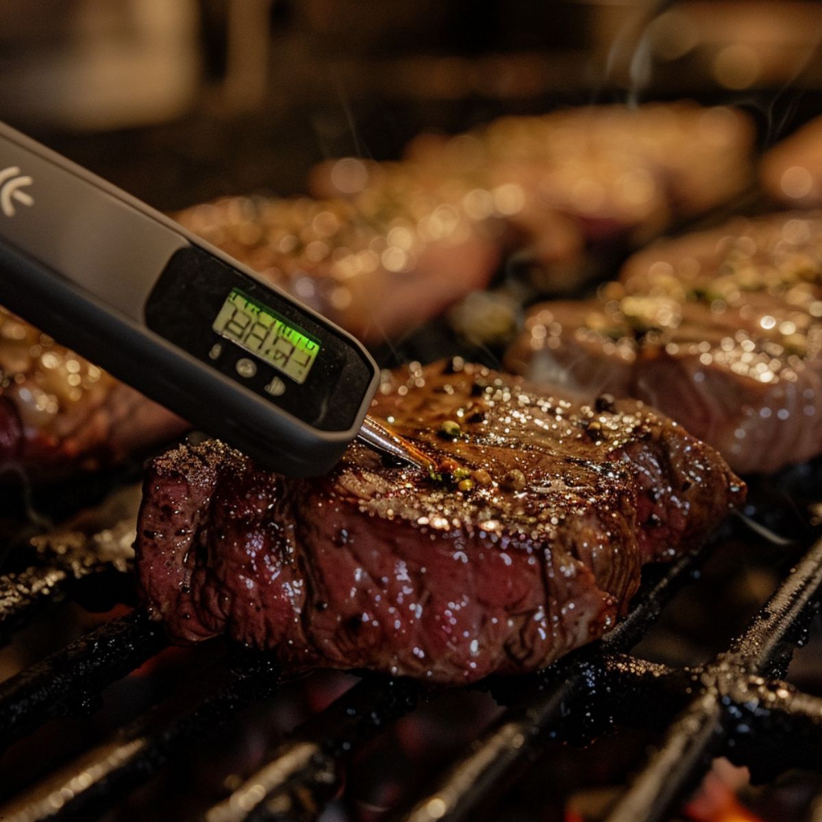 Grilled Venison meat with a digital thermometer inserted into it.