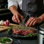 A chef seasoning a New York strip steak on a plate beside an instant pot.