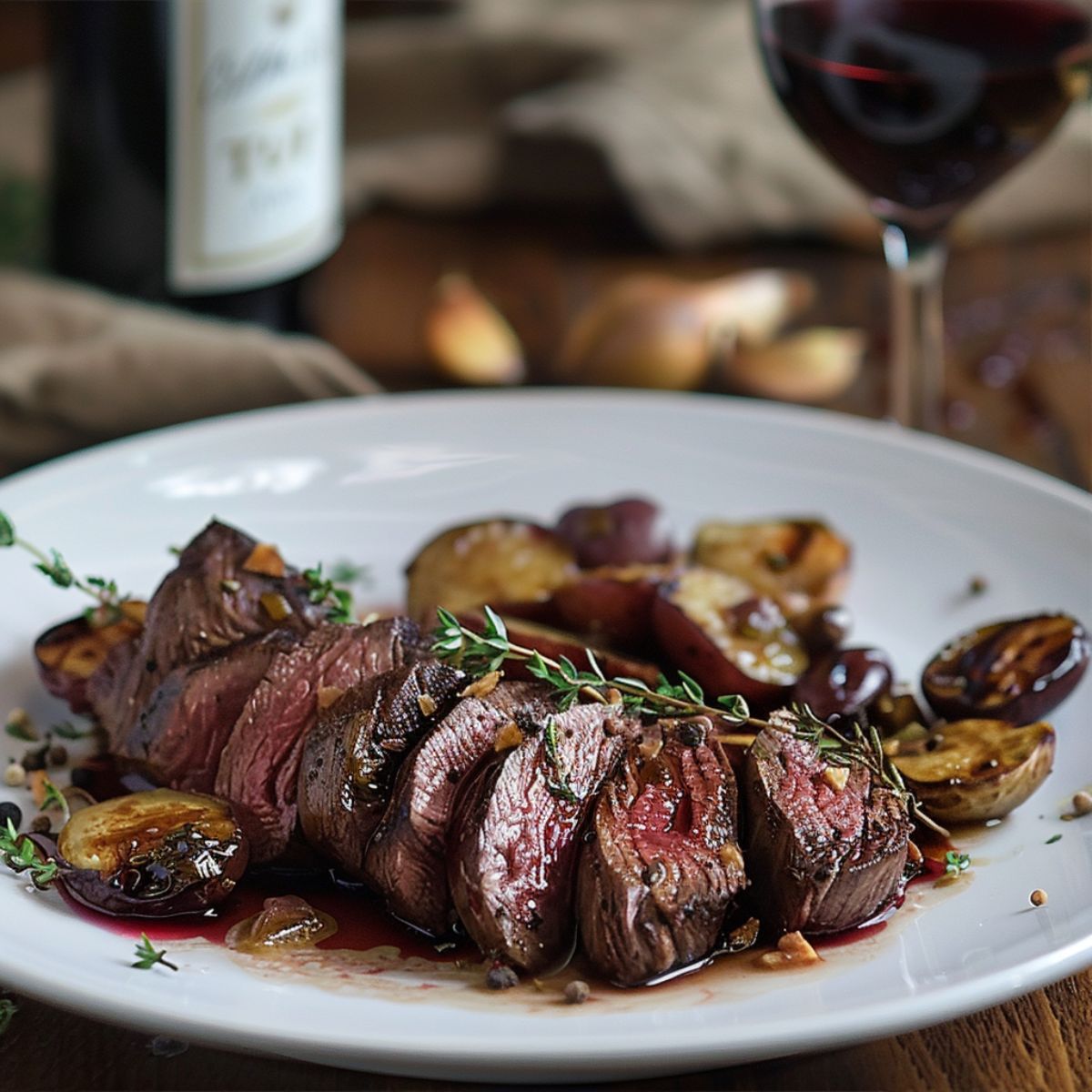 A plate of sliced, grilled and seasoned venison meat with roasted potatoes as side dish and wine on the background.