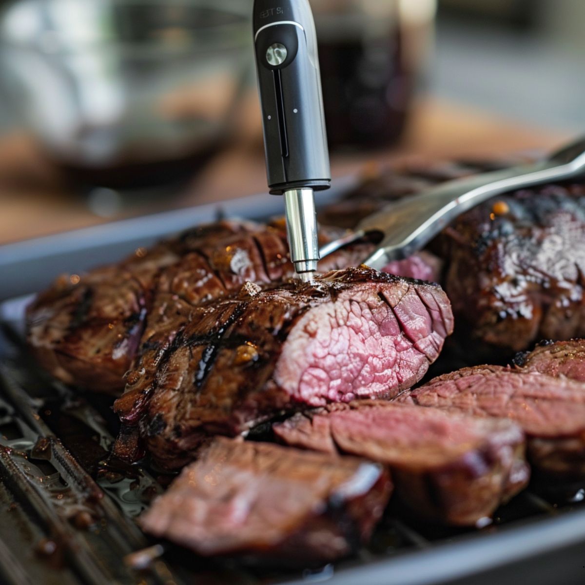 Venison meat with digital thermometer inserted into it to take internal temp venison