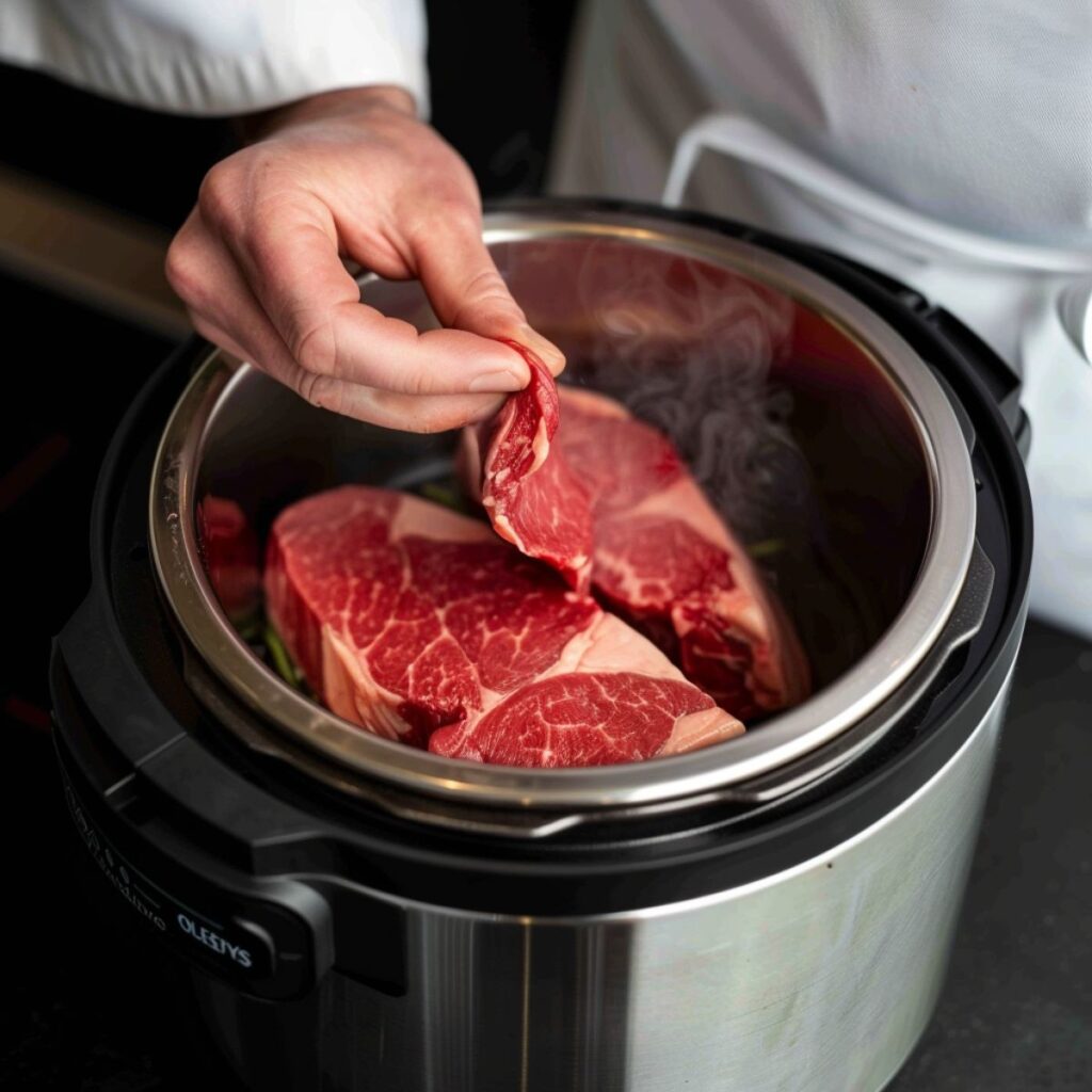 A photo of a chef's hand carefully placing a New York strip steak cut inside an instant pot