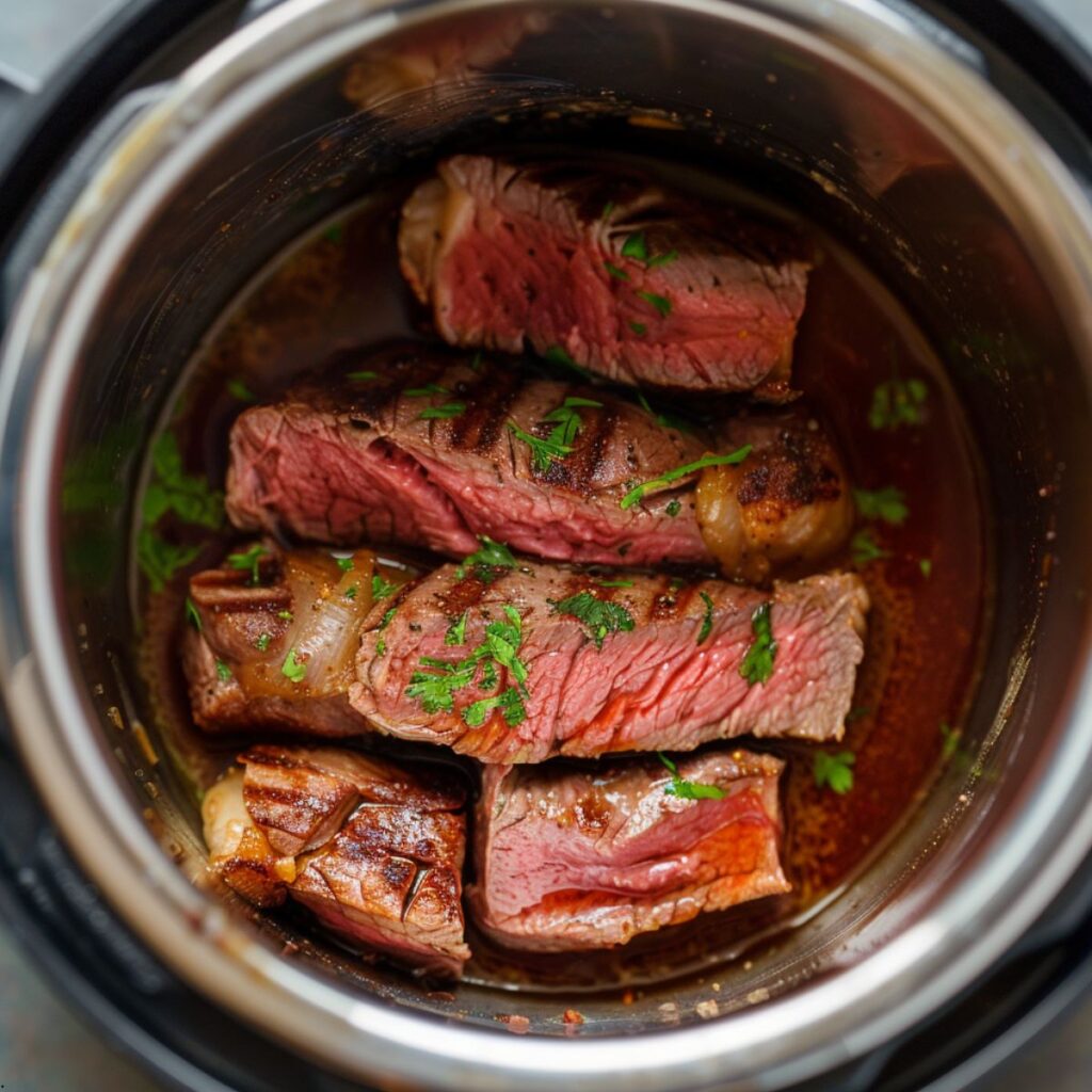 A top view of a sliced, seasoned and seared New York strip steak inside an instant pot.
