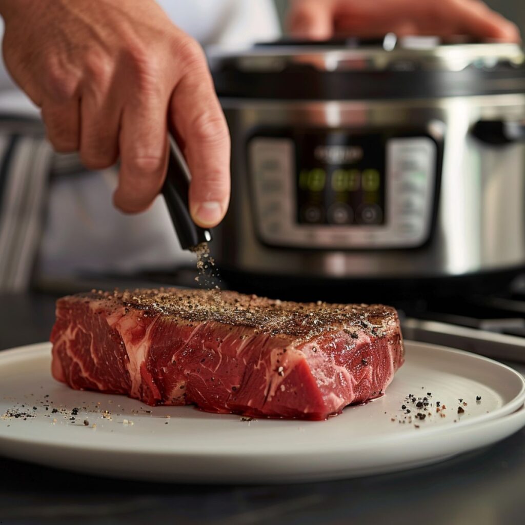 A chef seasoning a New York strip steak beside an Instant Pot